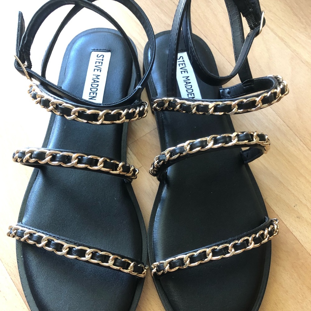 New telsa black gold chain sandals